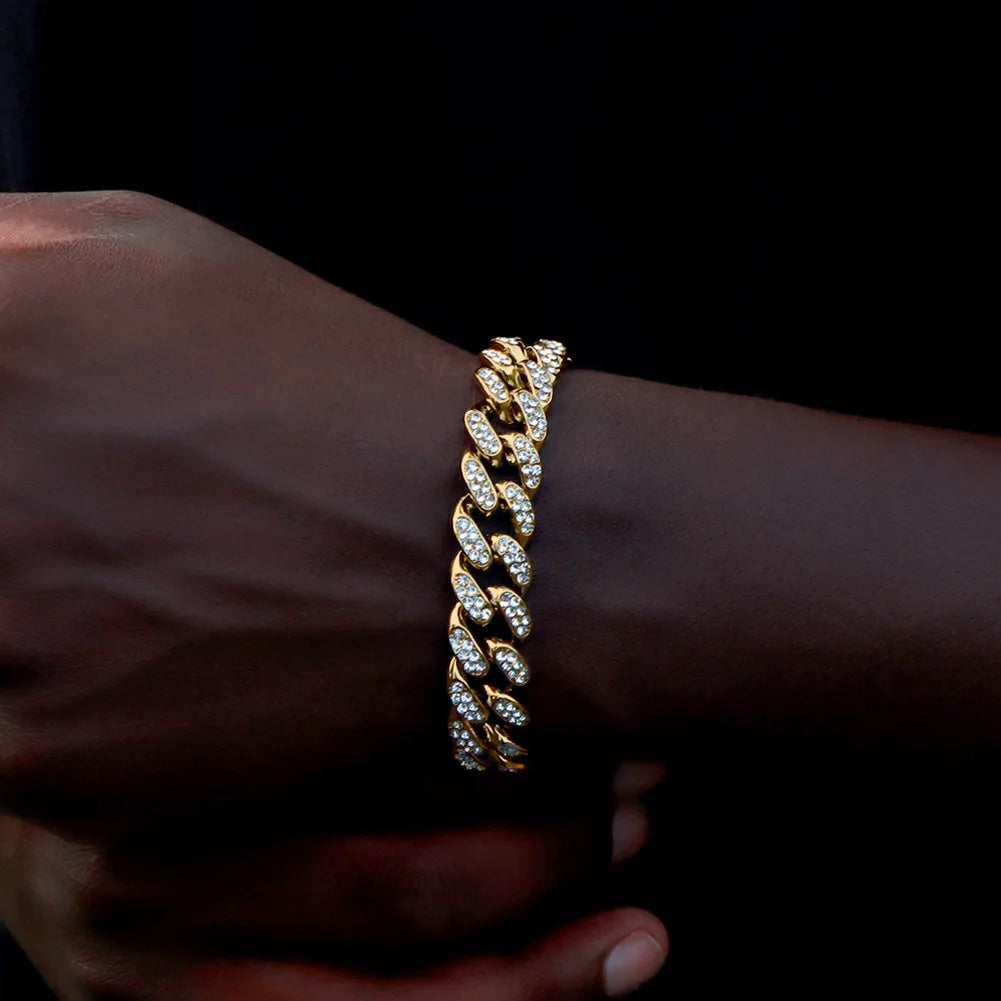 Bracelet Cuban Link 14MM pour Homme & Femme – Chaîne Miami Grosse Maille avec Strass, Style Hip-Hop Punk, Bijou Cadeau Tendance