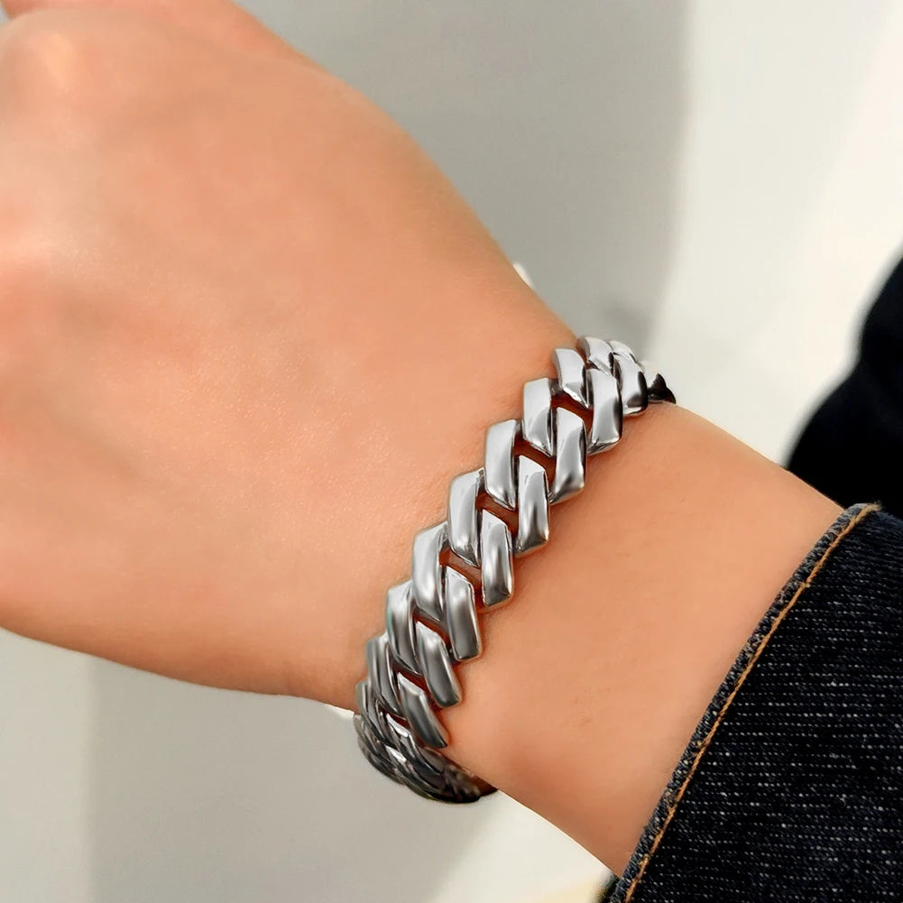 Bracelet Cuban Link 14MM pour Homme & Femme – Chaîne Miami Grosse Maille avec Strass, Style Hip-Hop Punk, Bijou Cadeau Tendance