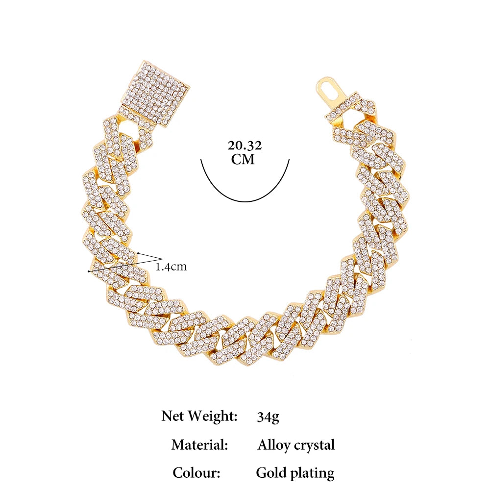 Bracelet Cuban Link 14MM pour Homme & Femme – Chaîne Miami Grosse Maille avec Strass, Style Hip-Hop Punk, Bijou Cadeau Tendance