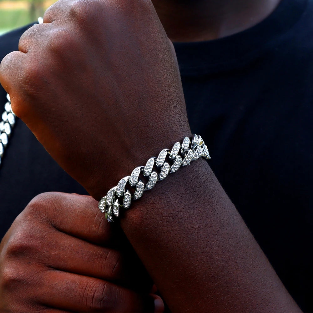 Bracelet Cuban Link 14MM pour Homme & Femme – Chaîne Miami Grosse Maille avec Strass, Style Hip-Hop Punk, Bijou Cadeau Tendance